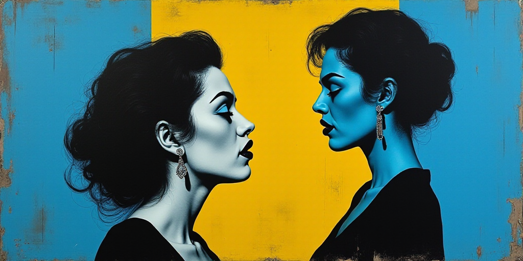 a woman in black and white with a blue background and a blue and yellow background with a black and