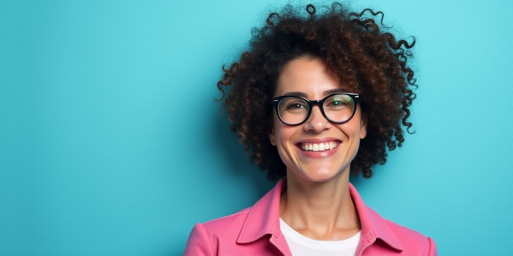 a woman in glasses is smiling for the camera with a blue background and a black and white photo of h
