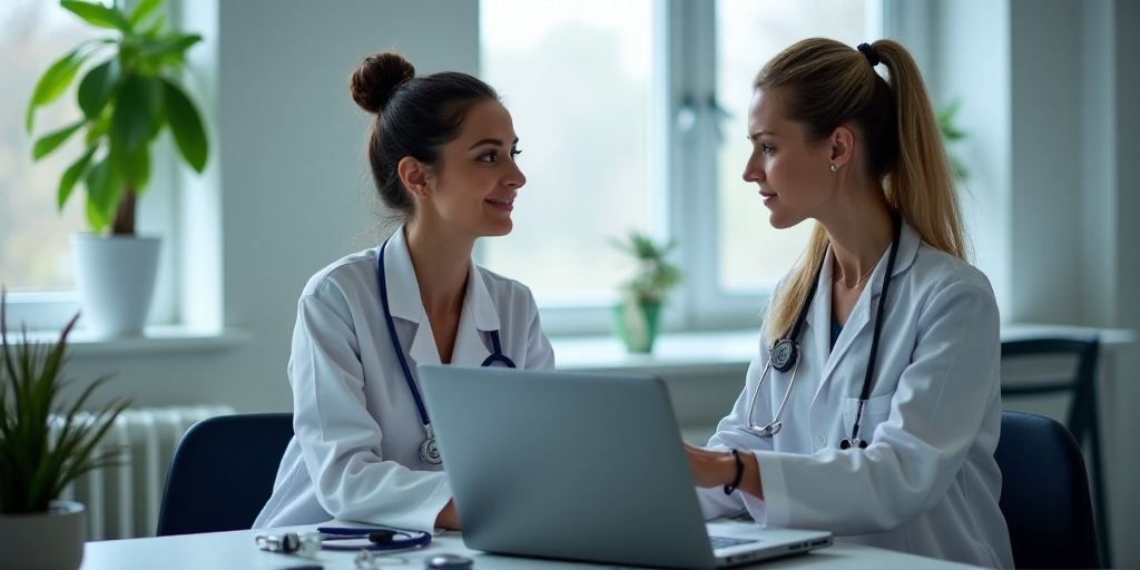 a woman is being examined by a doctor in a room with a laptop and other medical equipment on the tab