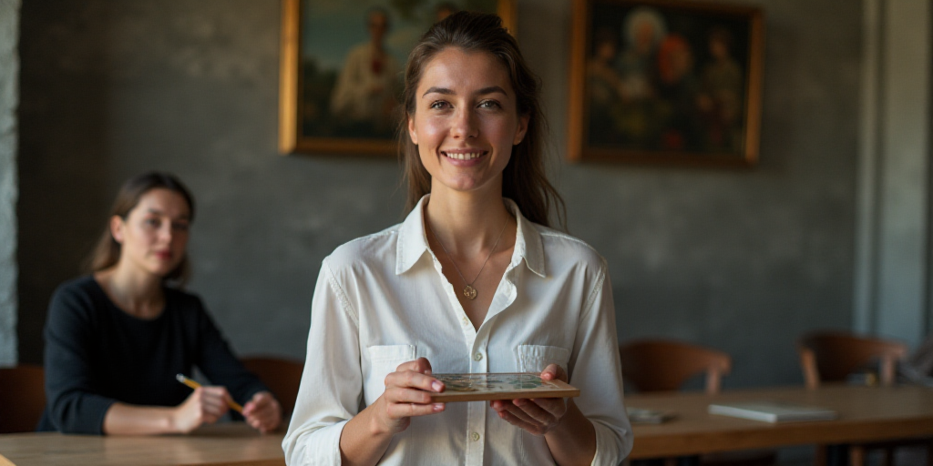 a woman is holding a cvn in her hands while another woman is sitting at a table in the background, A