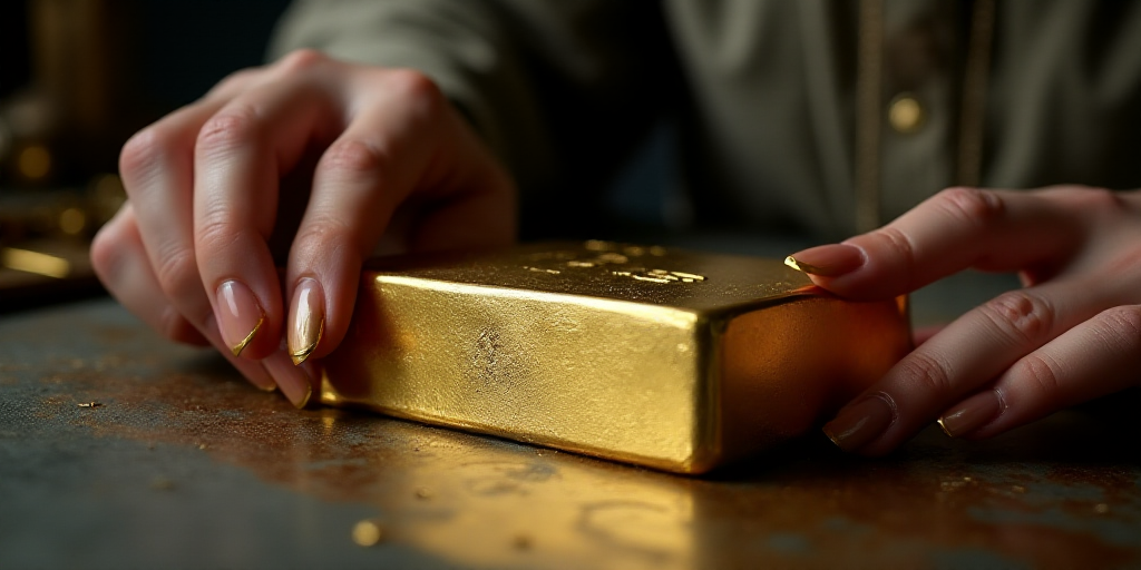 a woman is holding a gold bar in her hand and touching it with her hand, on a table, Avgust Černigo