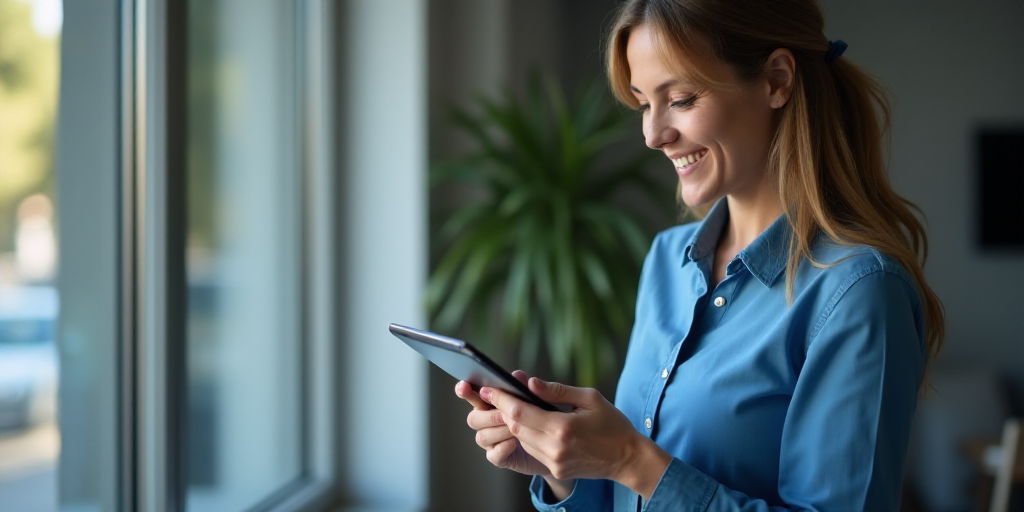 a woman is holding a tablet in her hands and looking at it with a smile on her face and a blue shirt
