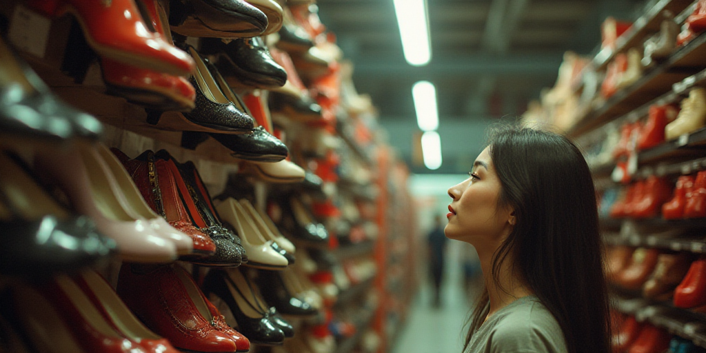 a woman is looking at a bunch of shoes hanging from a ceiling in a store with lots of shoes hanging