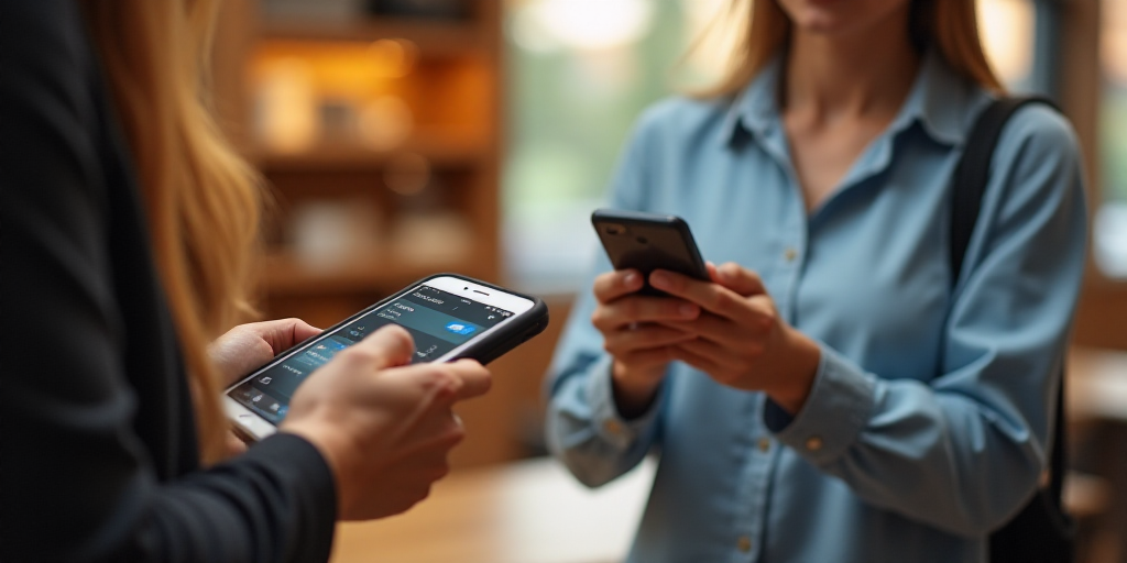 a woman is paying a credit card from a mobile phone while another woman is holding a cell phone in h