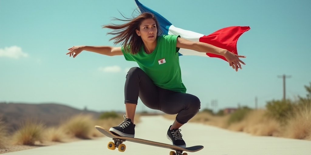 a woman is performing a stunt on a skateboard with a flag on her head and a green shirt on, Emma Rí