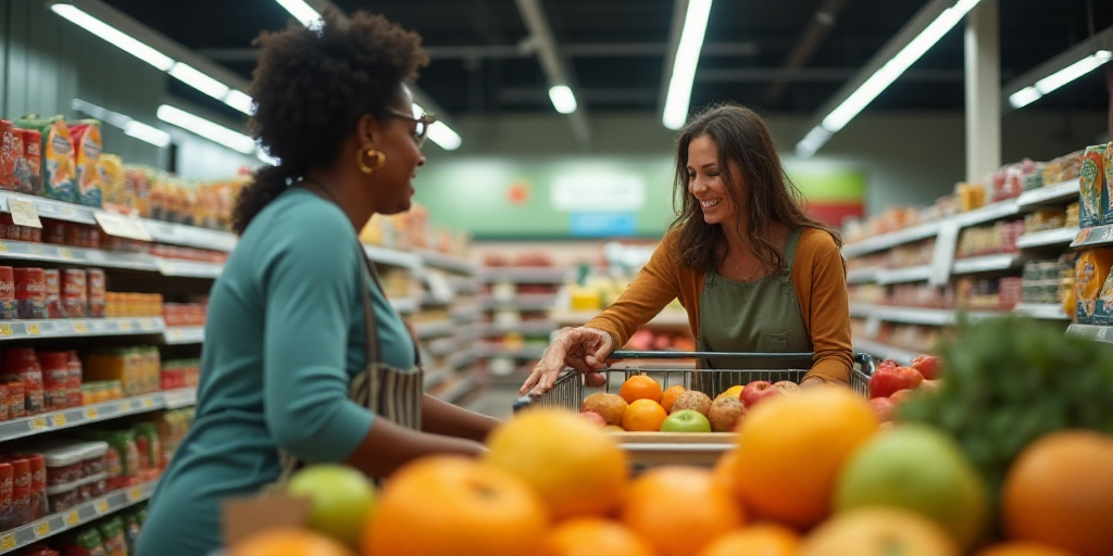 a woman is picking out a box of fruit at a grocery store while another woman is pushing a cart, Andr