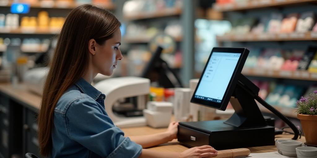 a woman is sitting at a cash register in a store and she is looking at the screen of the machine, An