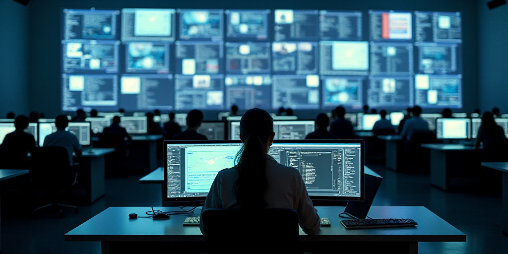 a woman is sitting at a computer in a large room with many screens on the wall and a lot of people s
