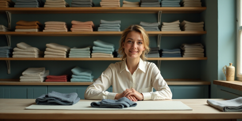 a woman is sitting at a table with a pair of pants in front of her and a shelf full of folded shirts