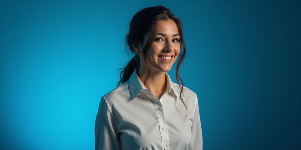 a woman is smiling for a picture with a blue background and a black and white photo of her in a butt