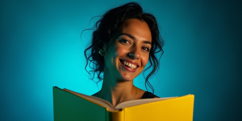 a woman is smiling for a picture with a blue background and a yellow border around her is the captio