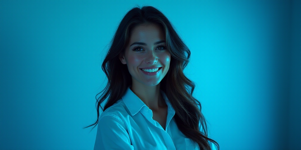 a woman is smiling for a picture with a blue background and a black and white photo of her in a butt