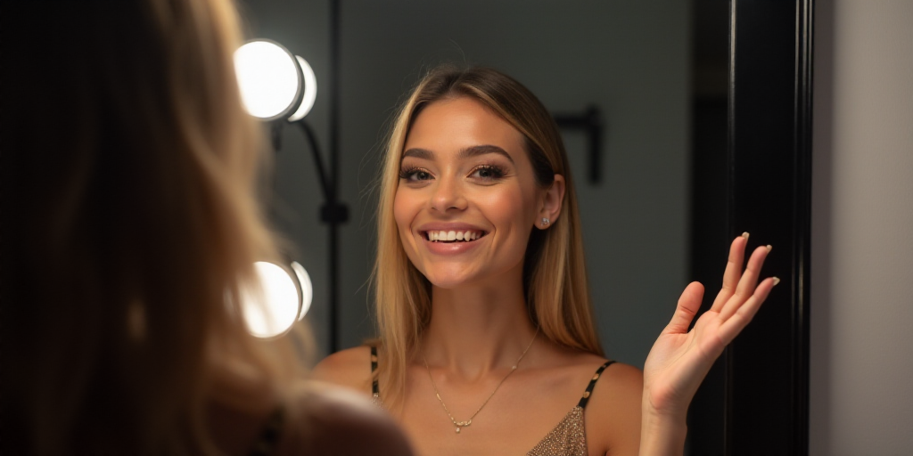 a woman is smiling while standing in front of a camera and making a gesture with her hands while sta