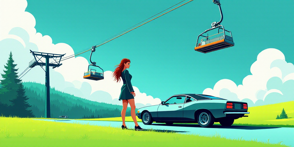 a woman is standing next to a car and a ski lift in the background with a blue and green graphic, Ed