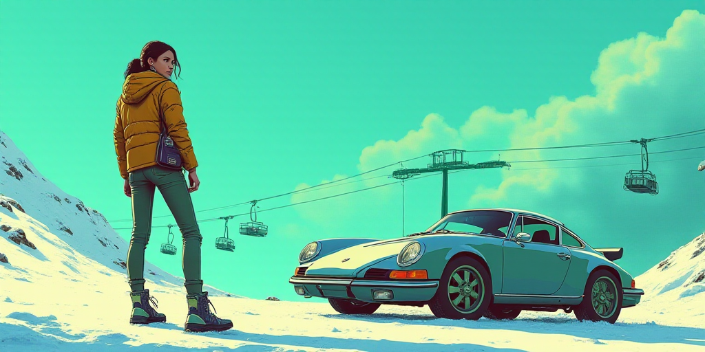 a woman is standing next to a car and a ski lift in the background with a blue and green graphic, Ed