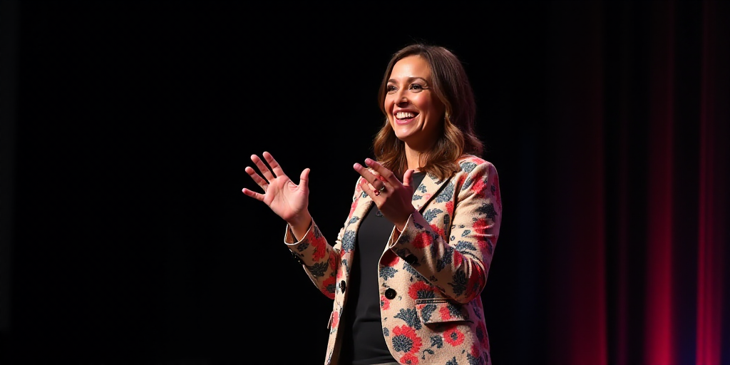 a woman is talking on stage with her hands out and smiling at the camera while wearing a floral jack