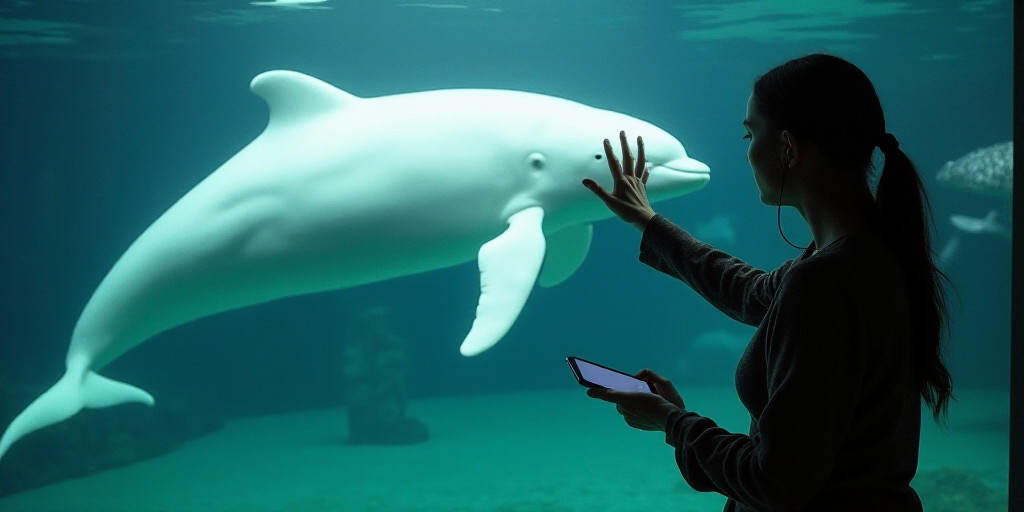 a woman is touching a white whale in a glass enclosure at a zoo while a cell phone is in the foregro