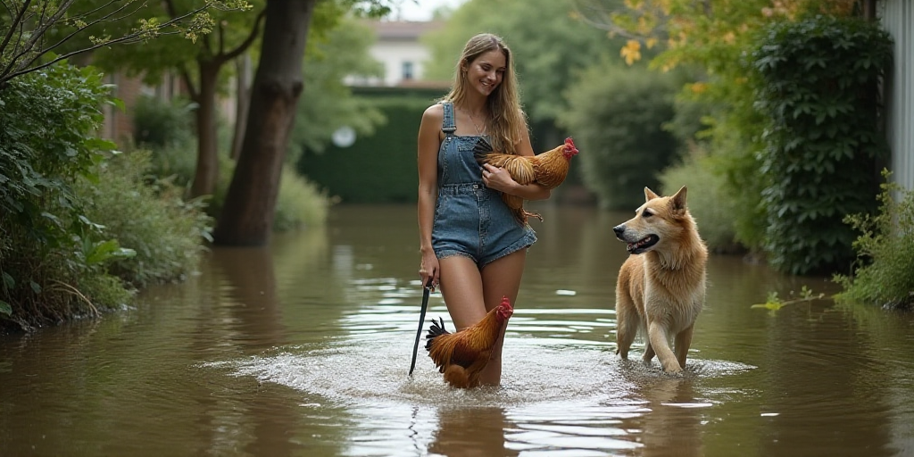 a woman is walking her dog through a flooded backyard area with a chicken in her hand and a chicken