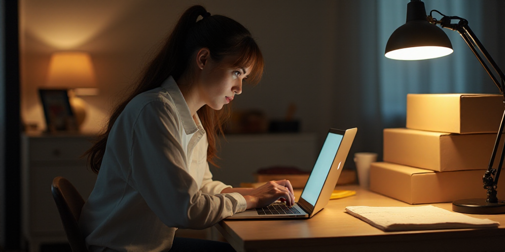 a woman is working on a laptop in a room with boxes on the table and a lamp on the table, Evaline Ne
