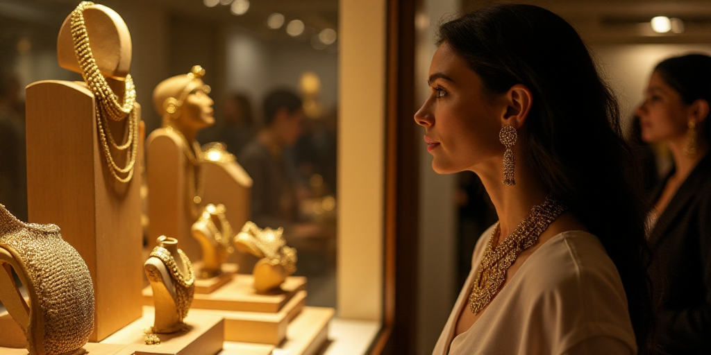 a woman looking at a display of gold jewelry in a store window with a woman looking at it in the bac