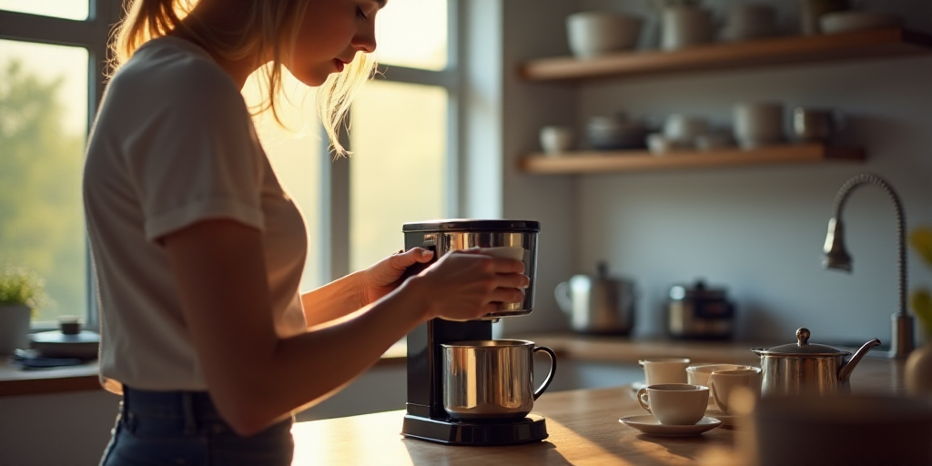 a woman pouring a cup of coffee into a coffee maker in a kitchen with a shelf of pots and pans, Clai