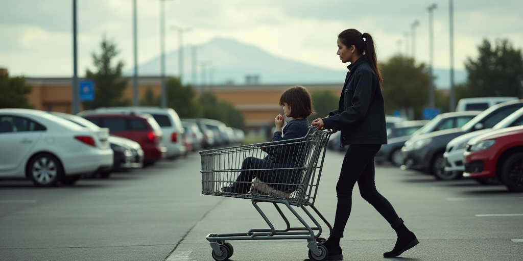 a woman pushing a shopping cart through a walmart parking lot with a child in it's seat, Estuardo Ma