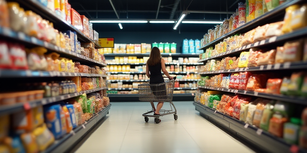a woman pushing a shopping cart through a grocery store aisle filled with food items and snacks on d