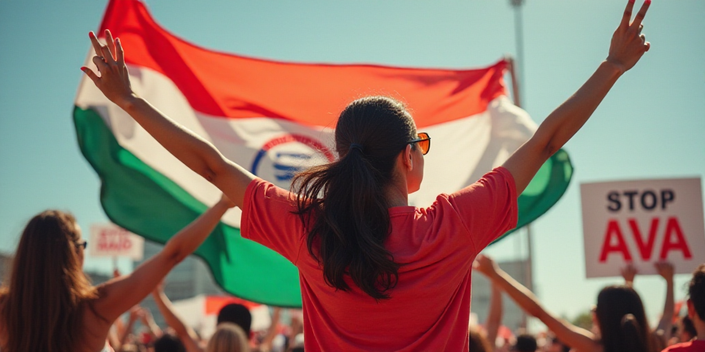 a woman raising her arms in the air with a flag behind her and a sign behind her that says stop av,