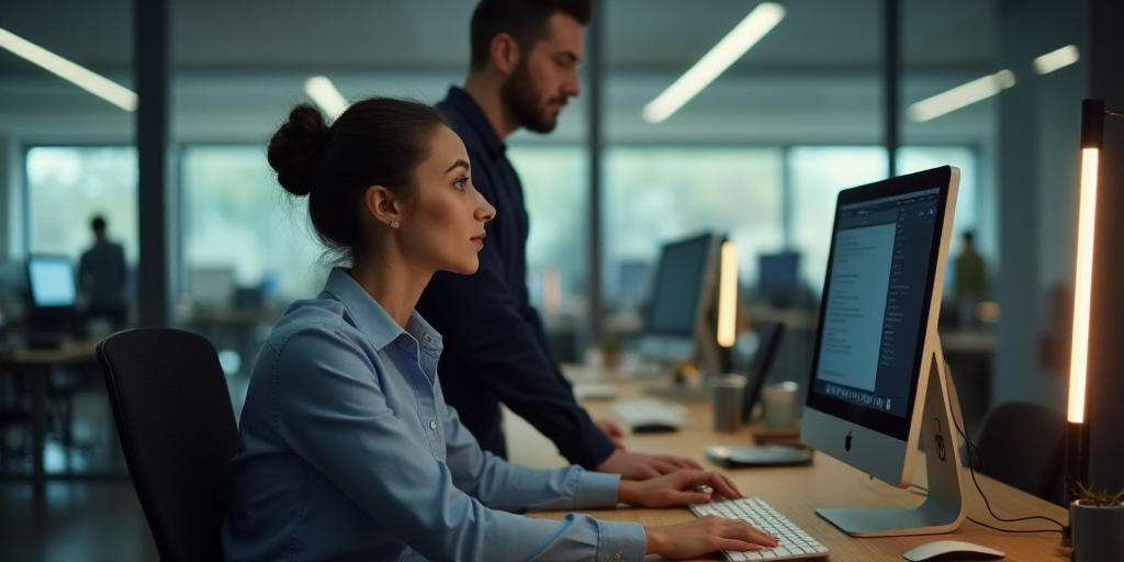 a woman sitting at a desk with a computer monitor and keyboard in front of her and a man standing be