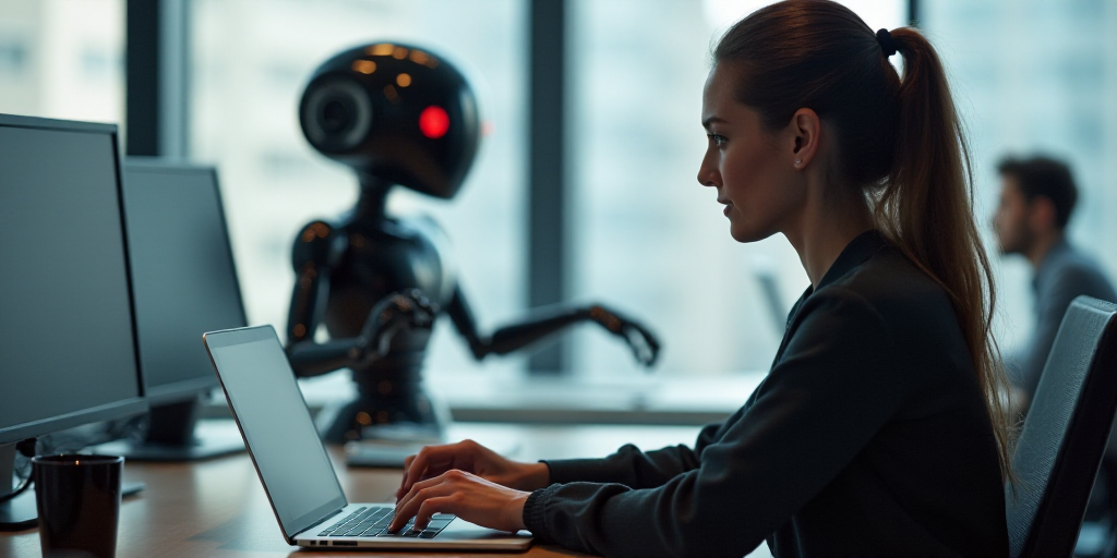 a woman sitting at a desk with a laptop computer in front of her and a robot behind her on a desk, B