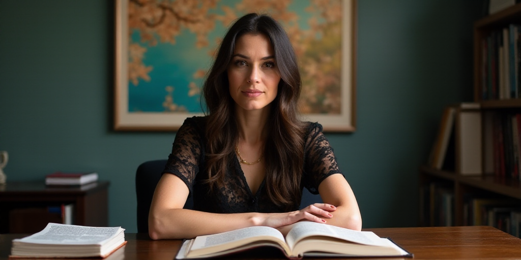 a woman sitting at a desk with a book on it and a painting behind her on the wall behind her, Aracel