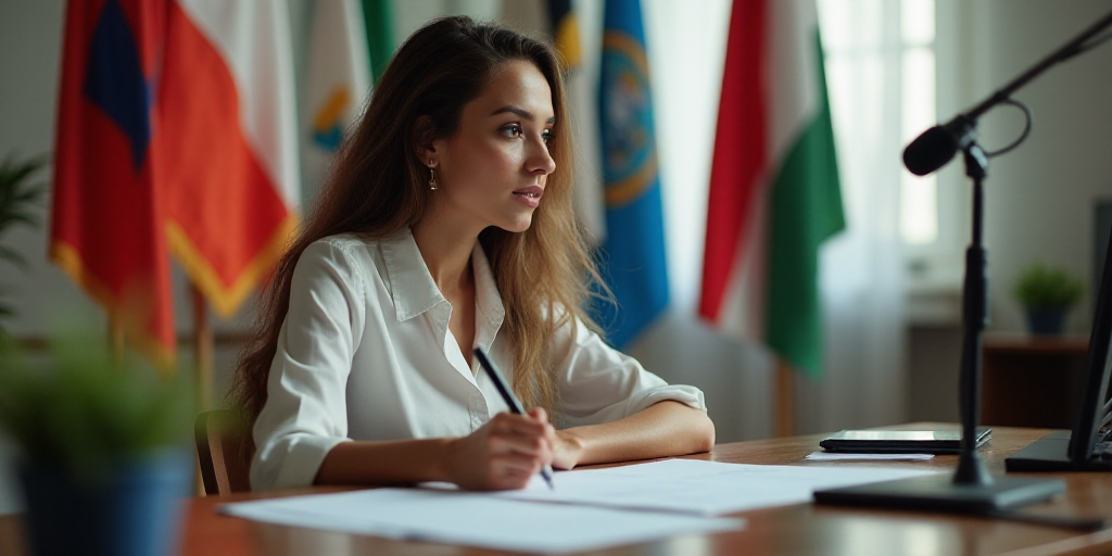 a woman sitting at a desk with a pen and paper in front of her and flags behind her and a microphone