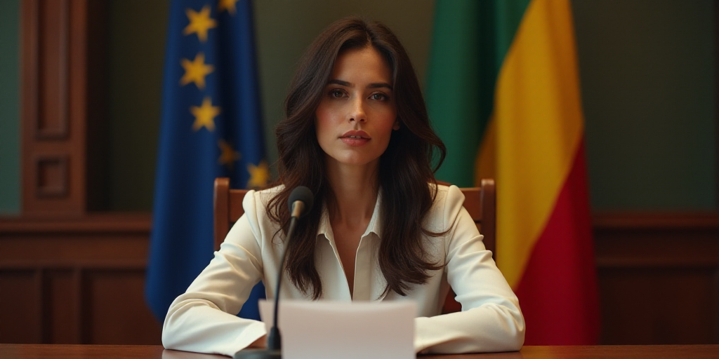 a woman sitting at a table with a microphone in front of her and a flag behind her in the background