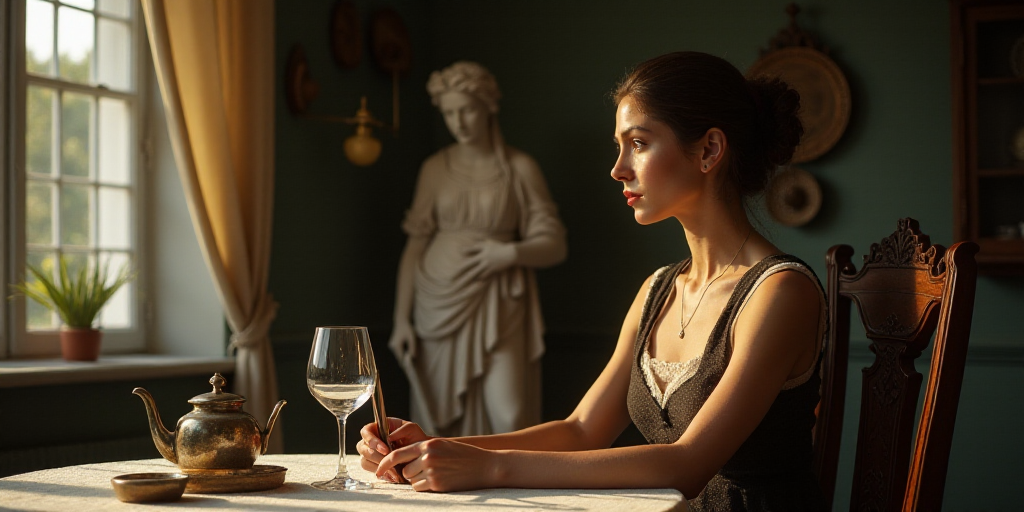 a woman sitting at a table with a knife and a glass in her hand and a statue behind her, Ancell Stro