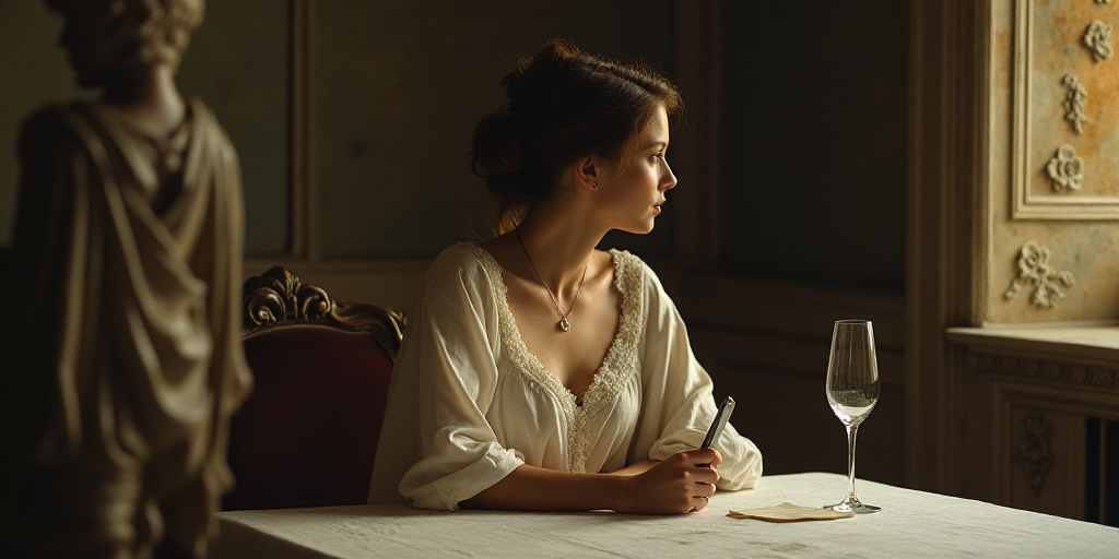 a woman sitting at a table with a knife and a glass in her hand and a statue behind her, Ancell Stro