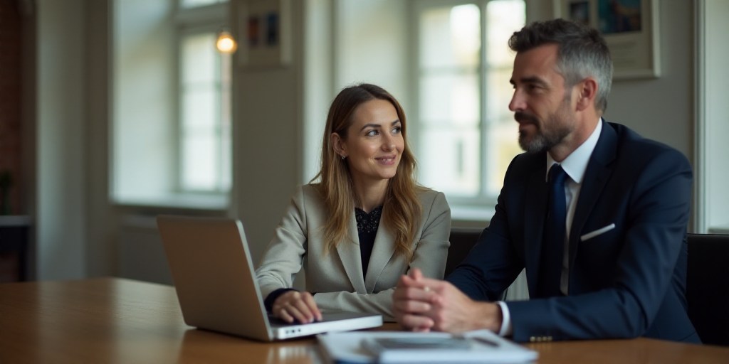 a woman sitting at a table with a laptop computer in front of her and a man in a suit and tie, Anna