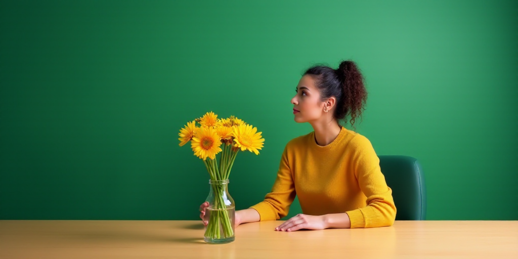 a woman sitting at a table with a vase of flowers in front of her and a green background with the wo