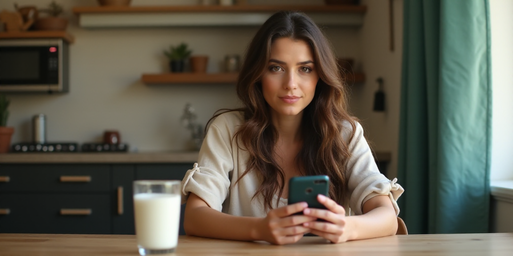 a woman sitting at a table with a cell phone in front of her and a glass of milk in front of her, Ar