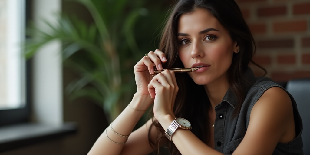 a woman sitting down with a pen in her mouth and a watch on her wrist, looking at the camera, Aracel