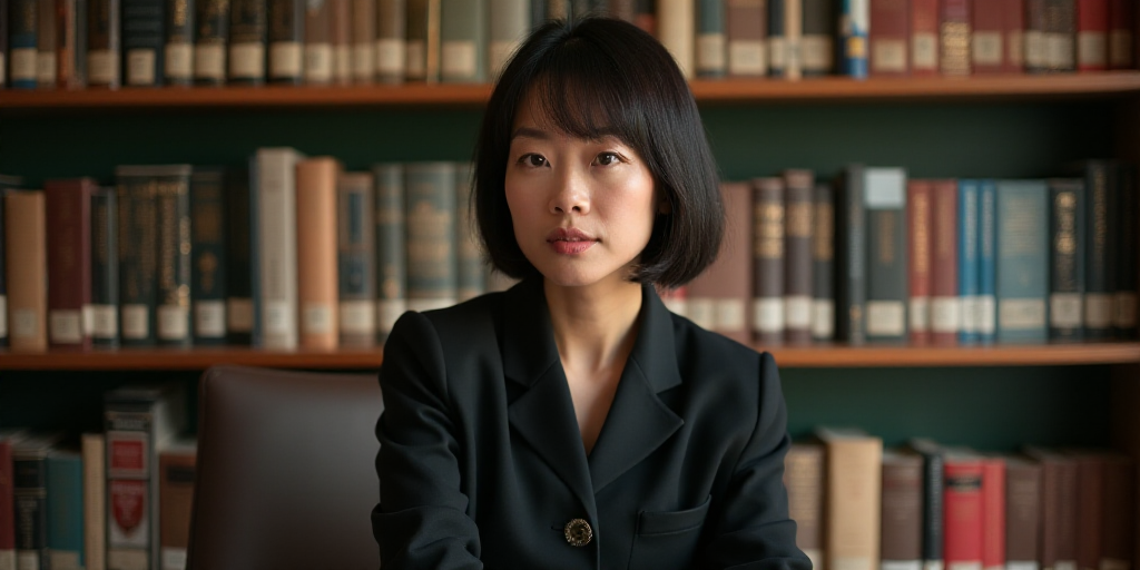 a woman sitting in a chair in front of a book shelf with books on it and a chair in front of her, Ch