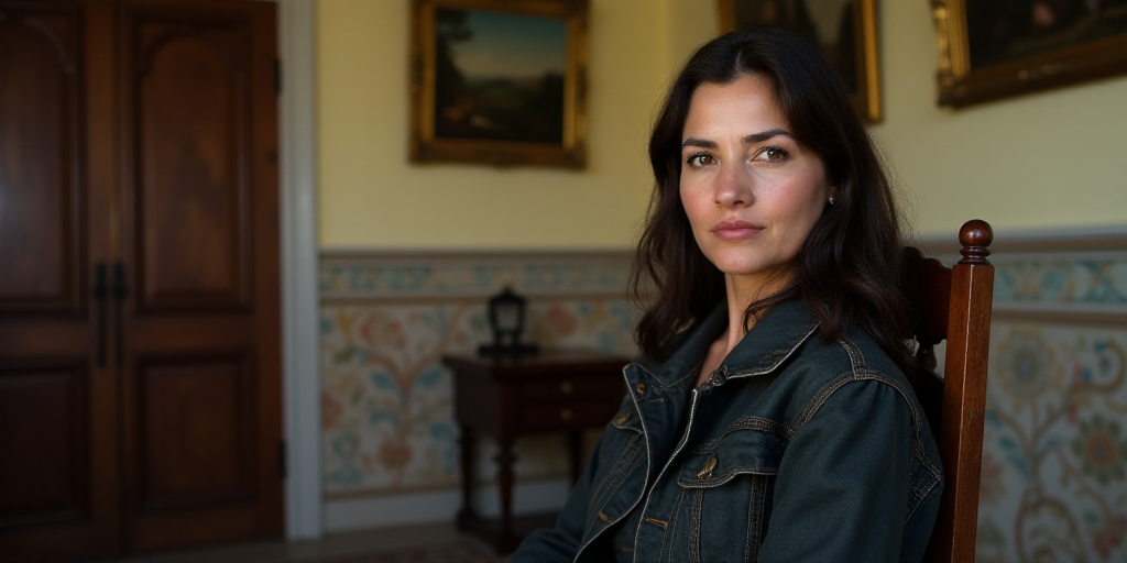 a woman sitting in a chair in a room with paintings on the wall and a door in the background, Eva Go