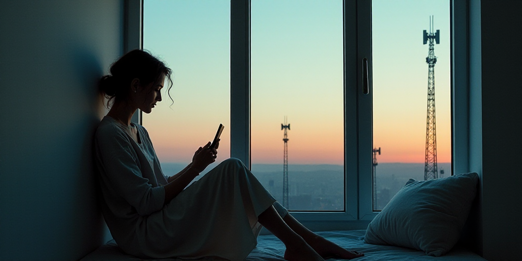 a woman sitting in a window with a cell phone in her hand and a bunch of radio antennae in front of