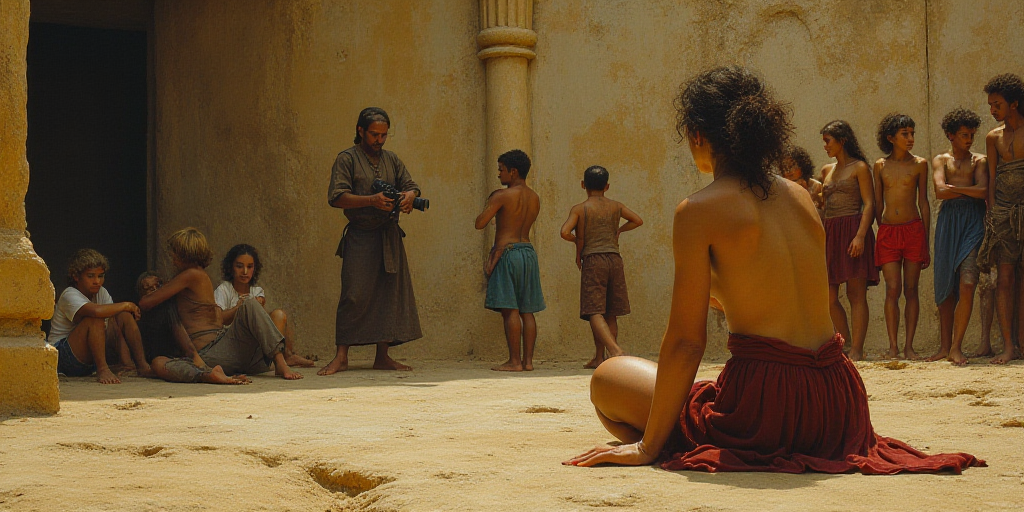a woman sitting on the ground with a bunch of people around her and a man standing behind her with a