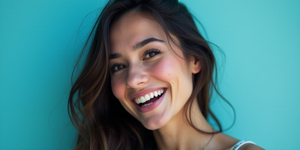 a woman smiling with a blue background and a black and white photo of her with the caption, melly ac