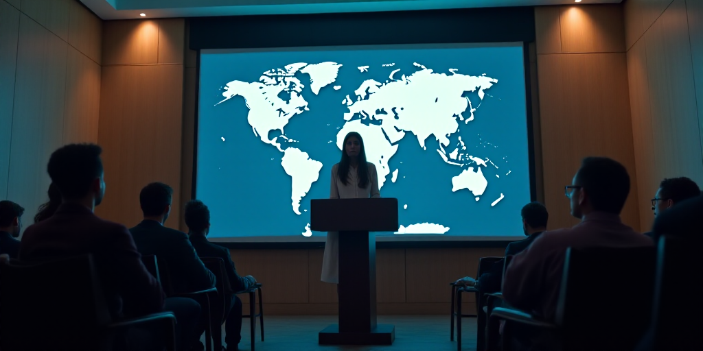 a woman standing at a podium giving a speech to people in front of a screen with a map of the world,
