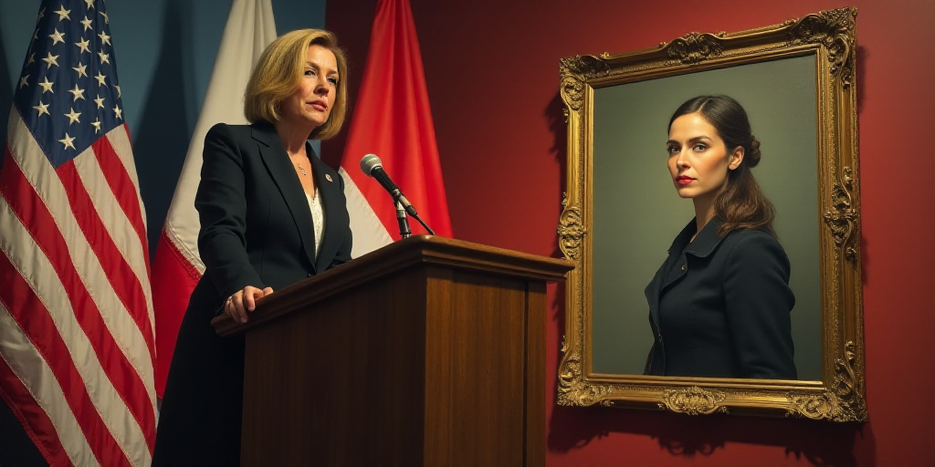 a woman standing at a podium in front of a flag and a painting of a woman in a coat, Araceli Gilbert
