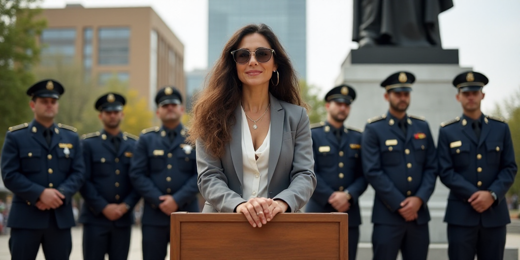 a woman standing at a podium in front of a group of people in uniform and in front of a statue, Arac