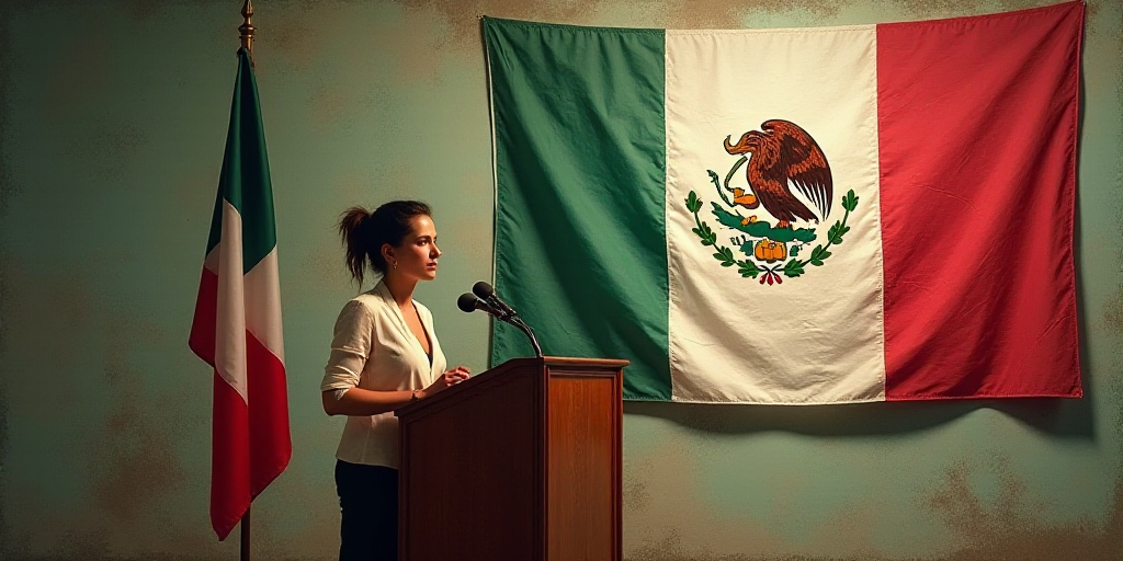 a woman standing at a podium in front of a flag and a picture of a mexican flag on a wall, Carlos En