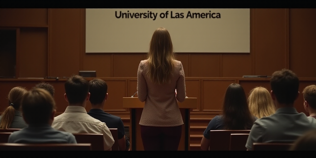 a woman standing at a podium in front of a crowd of people in chairs and a sign that says university