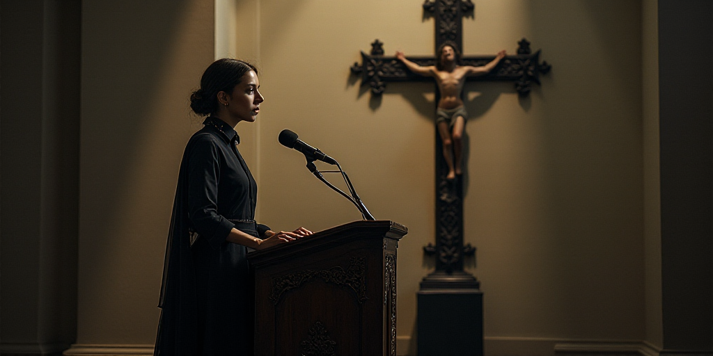 a woman standing at a podium in front of a microphone and a cross on the wall behind her,, Anna Mari